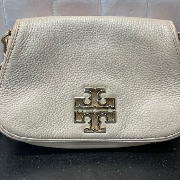 GUC TORY BURCH SIGNED BEIGE LEATHER CROSSBODY CHAIN STRAP X-OVER SMALL BAG PURSE - Picture 3 of 11